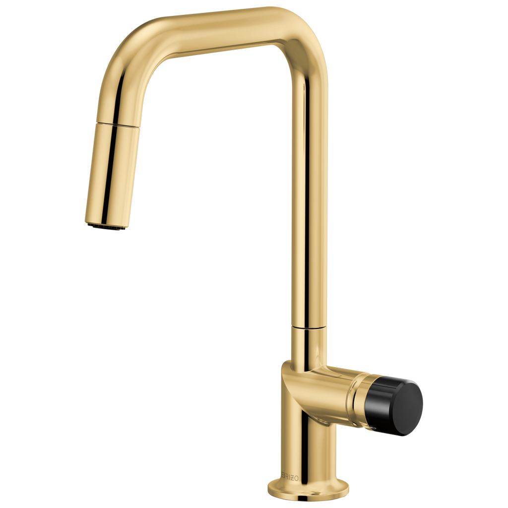 Brizo Odin Mezcladora Extraíble — Surtidor Cuadrado — Oro Pulido — Perilla con Cristal Negro