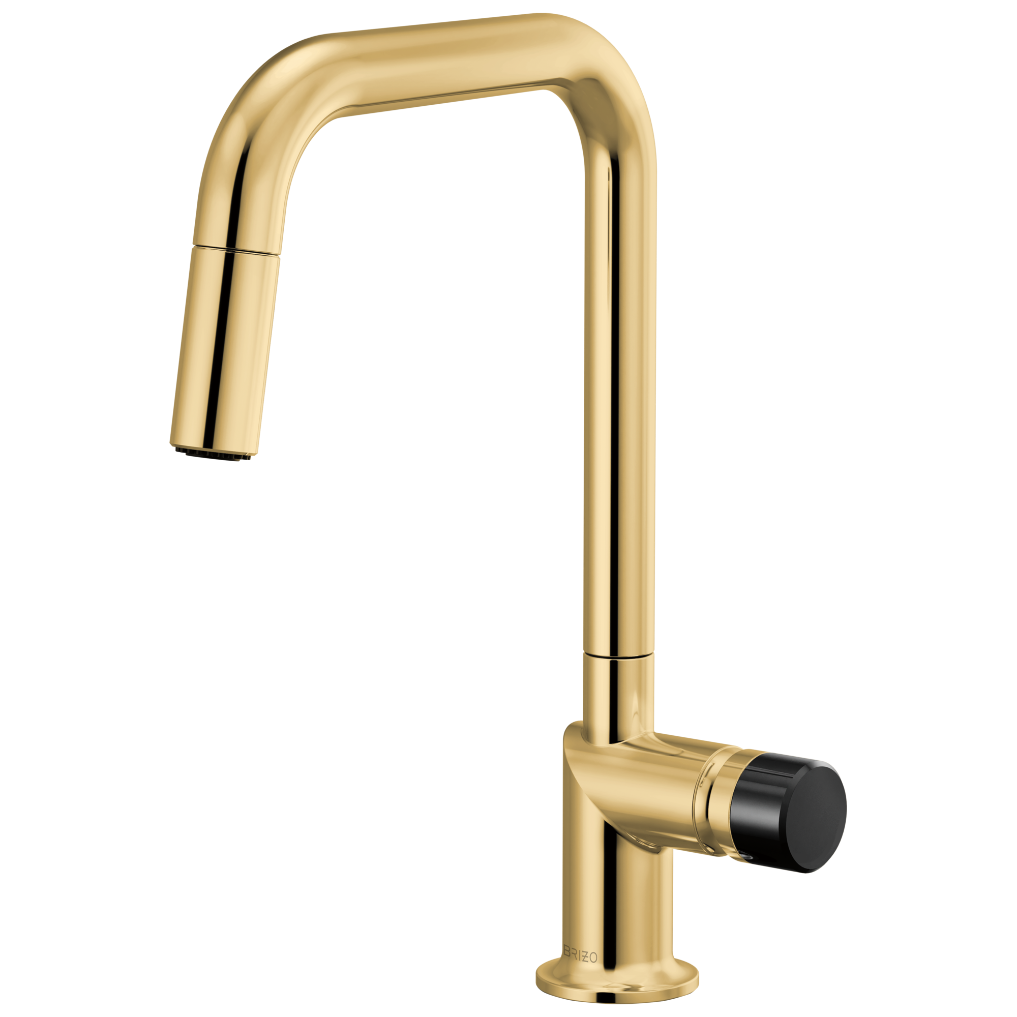 Brizo Odin Mezcladora Extraíble — Surtidor Cuadrado — Oro Pulido — Perilla con Cristal Negro