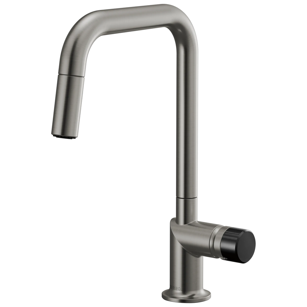 Brizo Odin Mezcladora Extraíble — Surtidor Cuadrado — Acero Luxe — Perilla con Cristal Negro