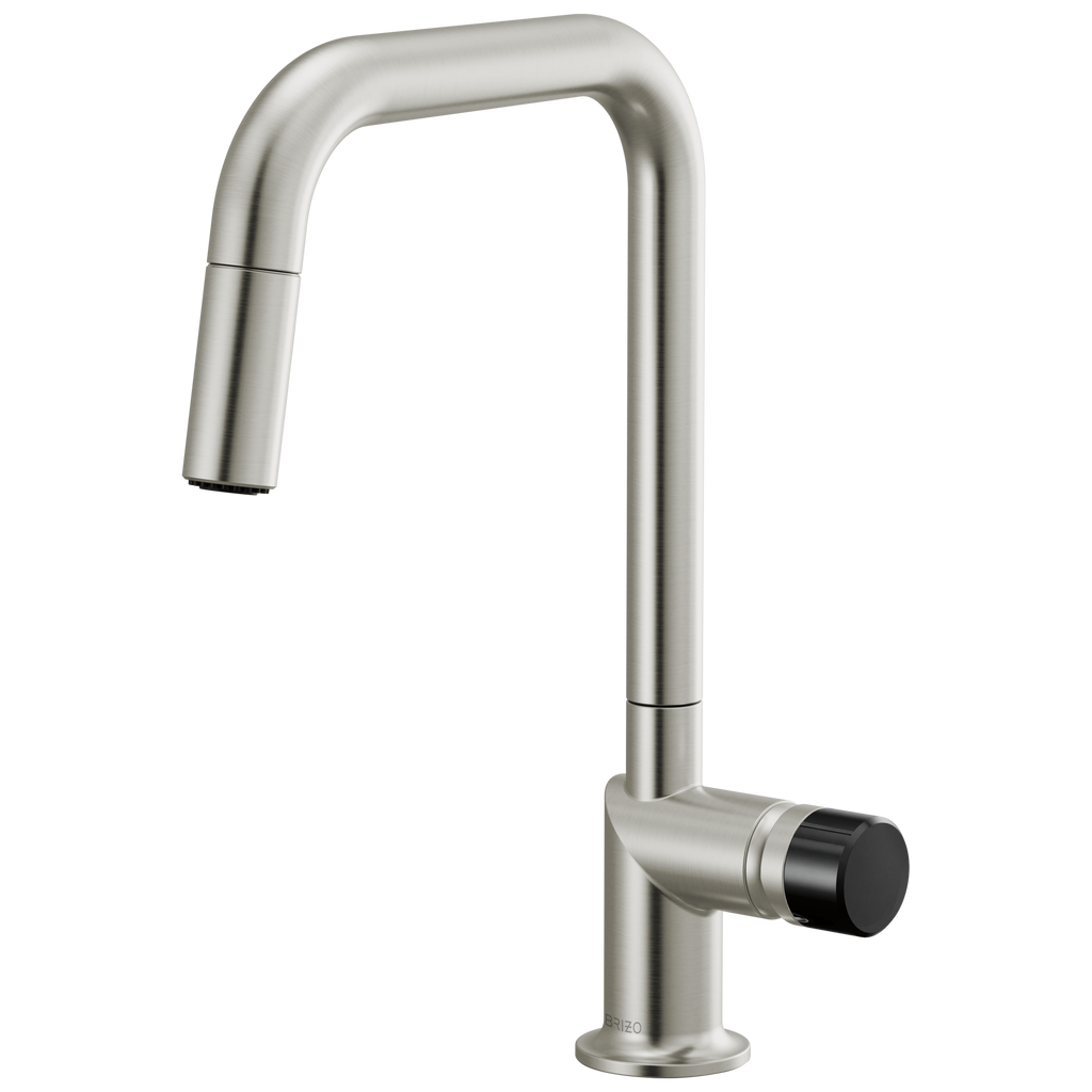 Brizo Odin Mezcladora Extraíble — Surtidor Cuadrado — Acero Inoxidable — Perilla con Cristal Negro