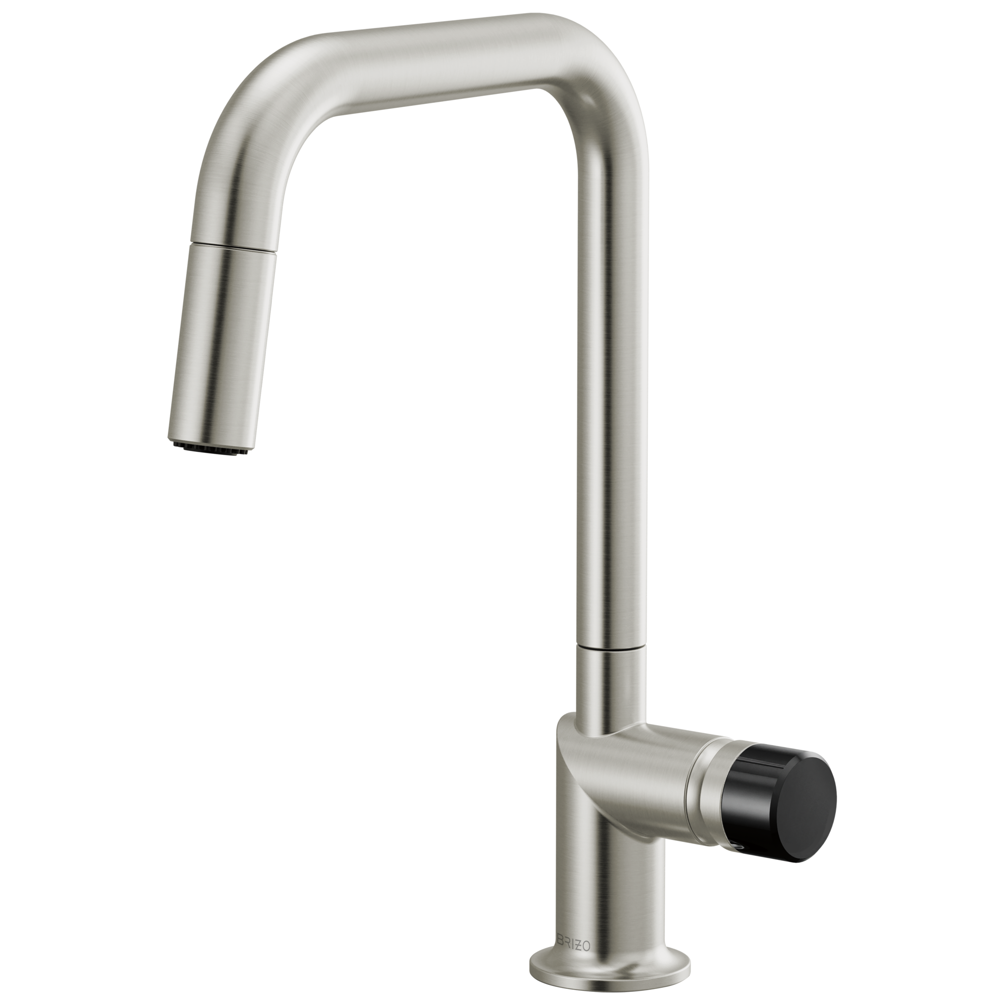 Brizo Odin Mezcladora Extraíble — Surtidor Cuadrado — Acero Inoxidable — Perilla con Cristal Negro