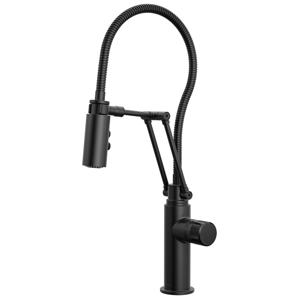 Brizo Odin Mezcladora Articulante con Manguera Integrada — Negro Mate — Perilla con Cristal Negro