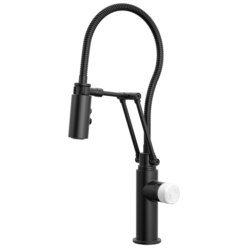 Brizo Odin Mezcladora Articulante con Manguera Integrada — Negro Mate — Perilla de Mármol Blanco