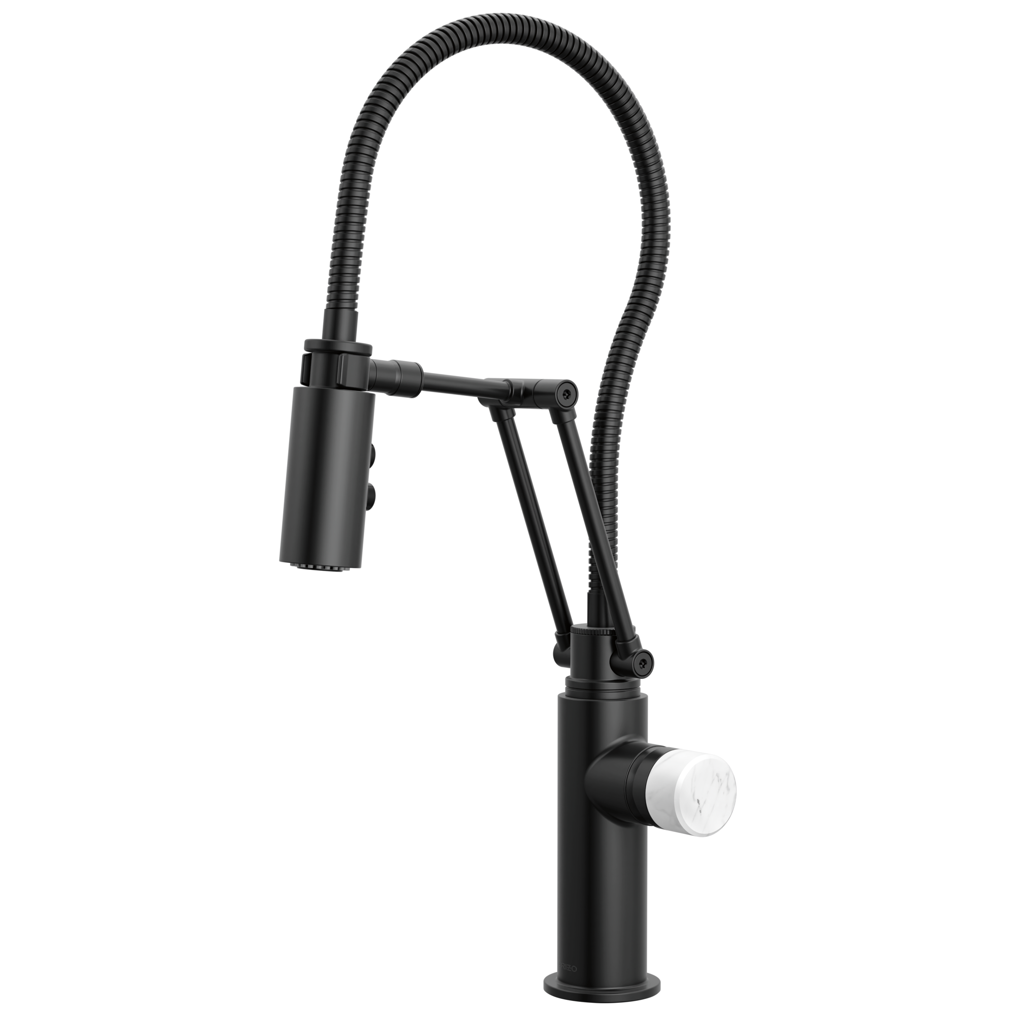 Brizo Odin Mezcladora Articulante con Manguera Integrada — Negro Mate — Perilla de Mármol Blanco