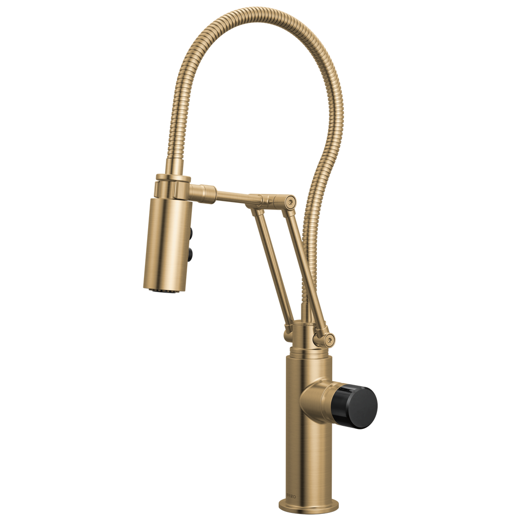 Brizo Odin Mezcladora Articulante con Manguera Integrada — Oro Luxe — Perilla con Cristal Negro