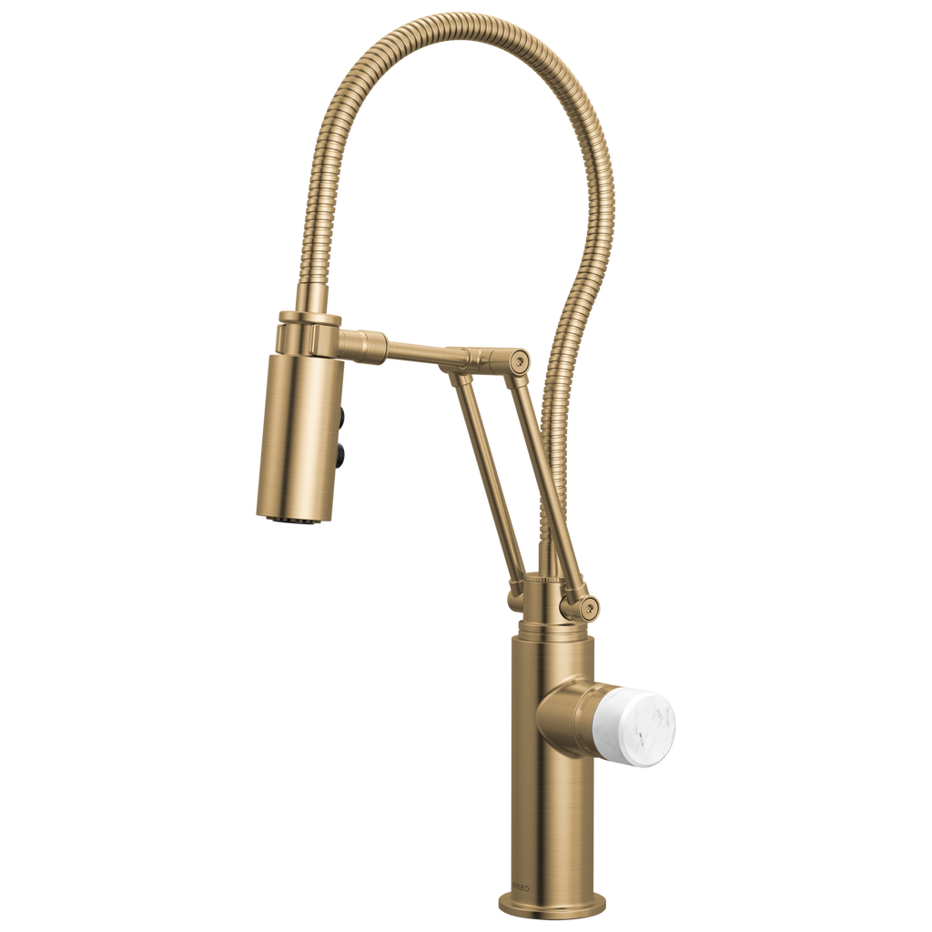 Brizo Odin Mezcladora Articulante con Manguera Integrada — Oro Luxe — Perilla de Mármol Blanco