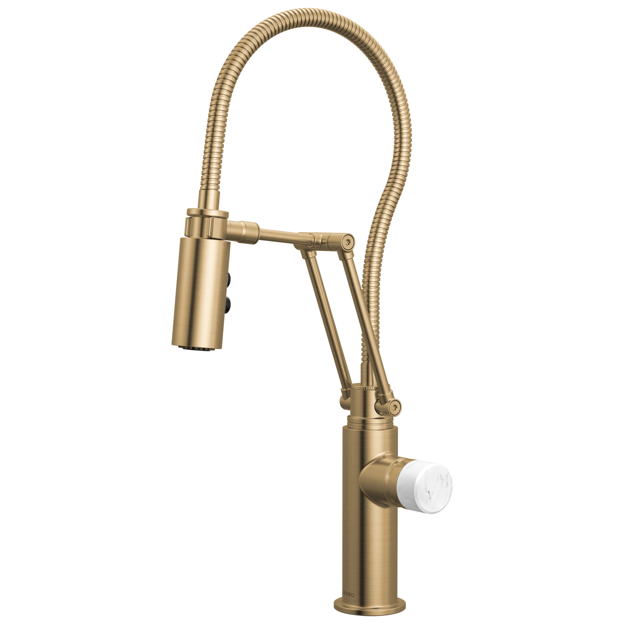 Brizo Odin Mezcladora Articulante con Manguera Integrada — Oro Luxe — Perilla de Mármol Blanco