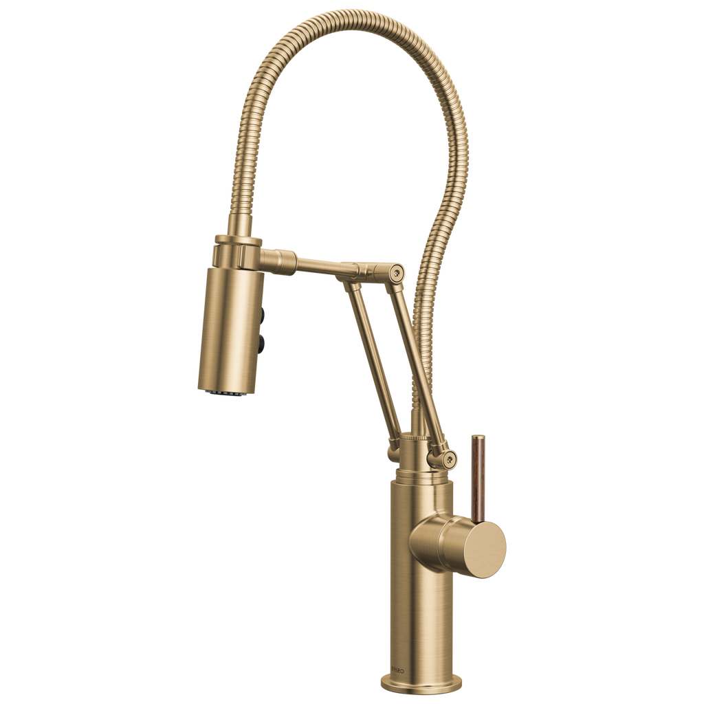 Brizo Odin Mezcladora Articulante con Manguera Integrada — Oro Luxe — Manija de Madera
