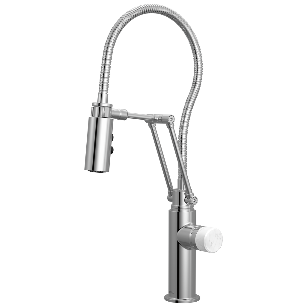 Brizo Odin Mezcladora Articulante con Manguera Integrada — Cromo — Perilla de Mármol Blanco