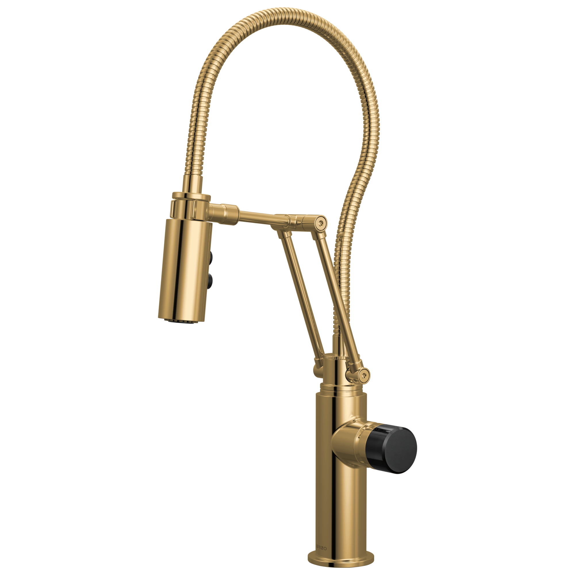 Brizo Odin Mezcladora Articulante con Manguera Integrada — Oro Pulido — Perilla con Cristal Negro
