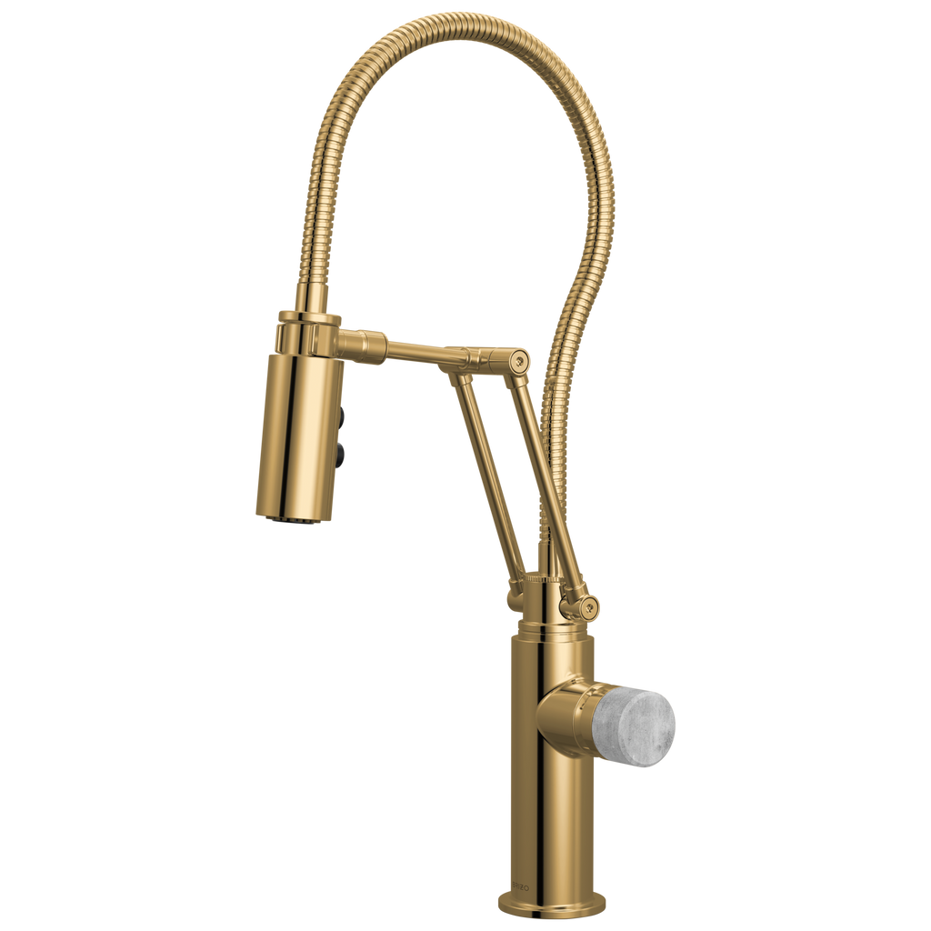 Brizo Odin Mezcladora Articulante con Manguera Integrada — Oro Pulido — Perilla de Concreto