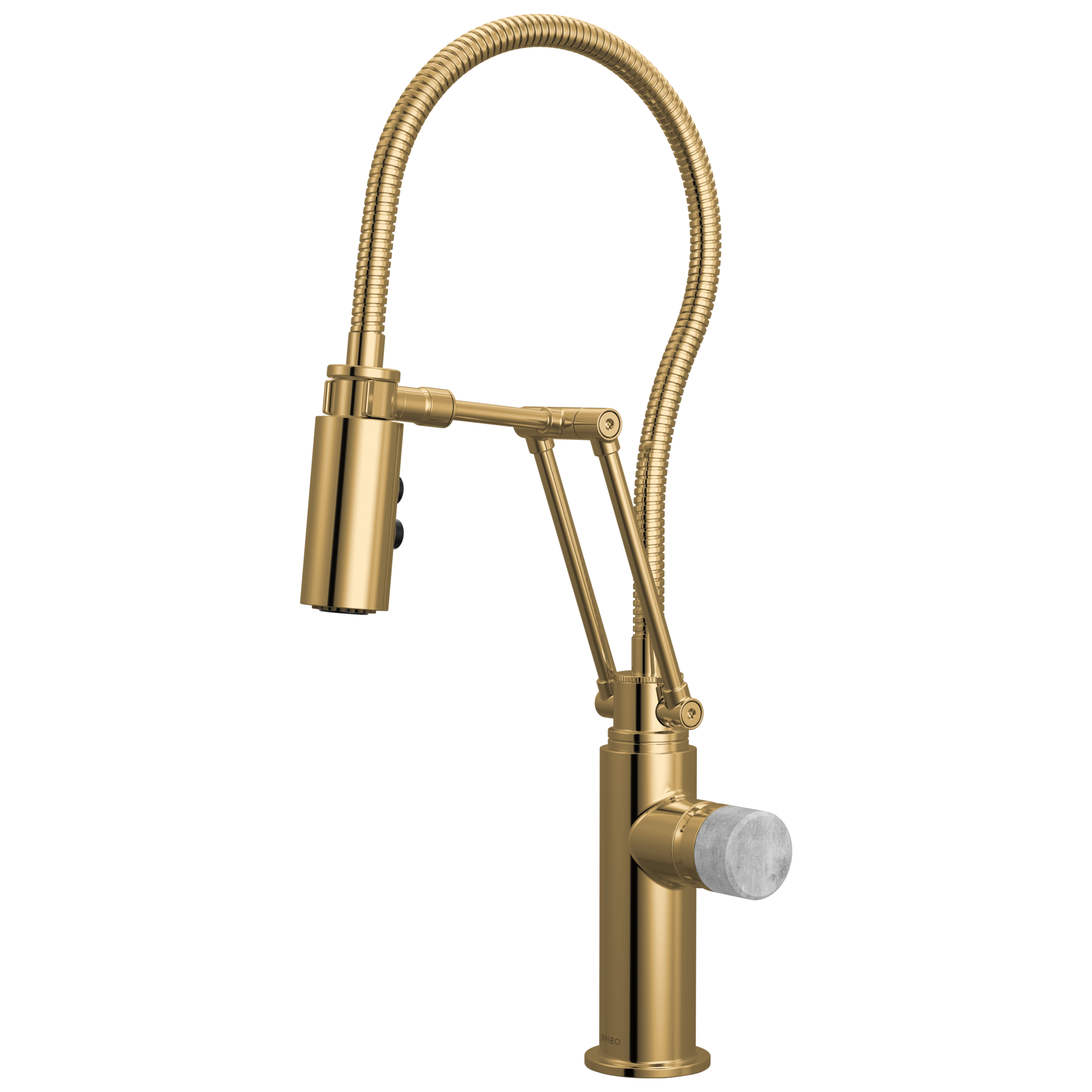 Brizo Odin Mezcladora Articulante con Manguera Integrada — Oro Pulido — Perilla de Concreto
