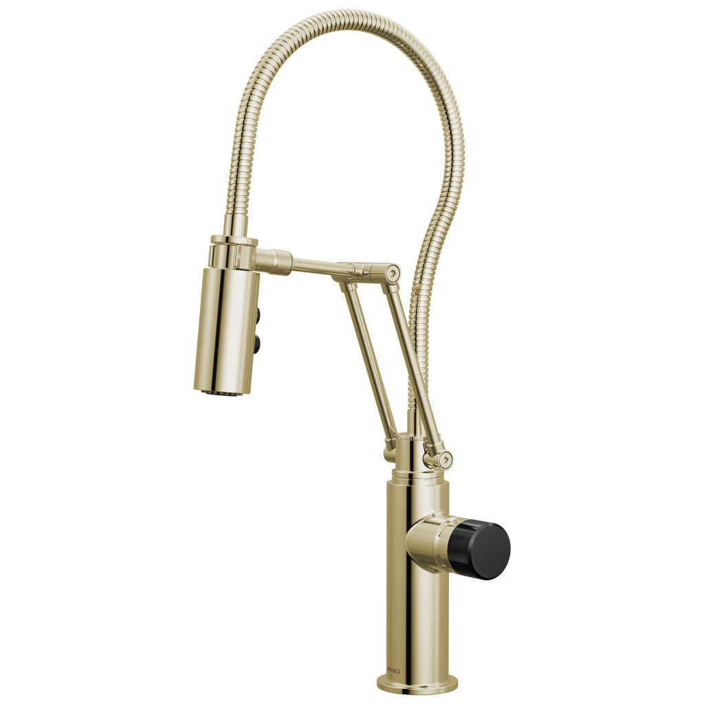 Brizo Odin Mezcladora Articulante con Manguera Integrada — Níquel Pulido — Perilla con Cristal Negro