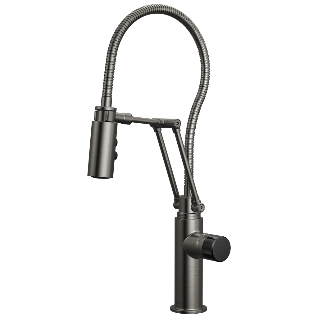 Brizo Odin Mezcladora Articulante con Manguera Integrada — Acero Luxe — Perilla con Cristal Negro