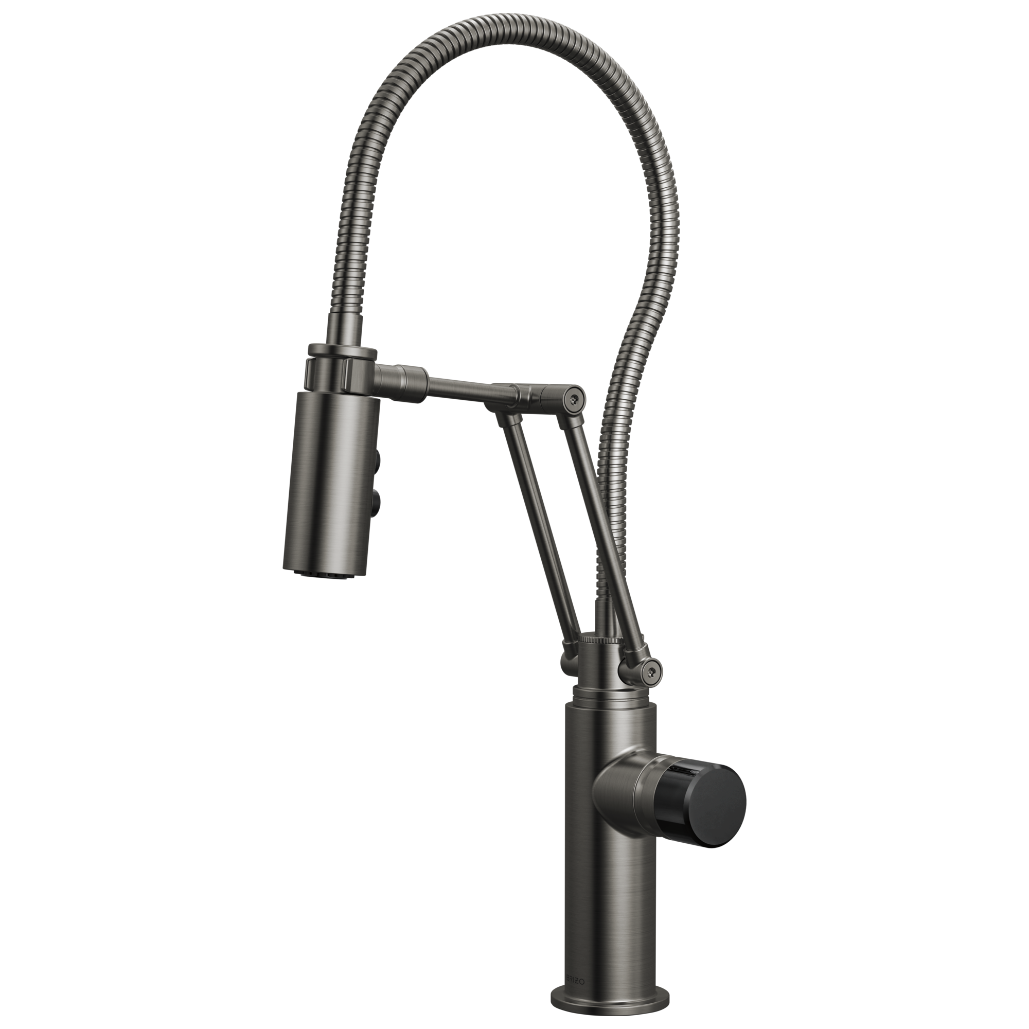 Brizo Odin Mezcladora Articulante con Manguera Integrada — Acero Luxe — Perilla con Cristal Negro