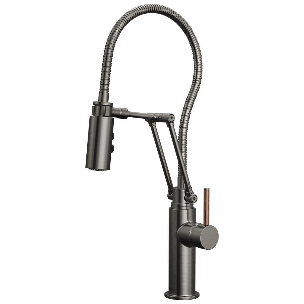 Brizo Odin Mezcladora Articulante con Manguera Integrada — Acero Luxe — Manija de Madera