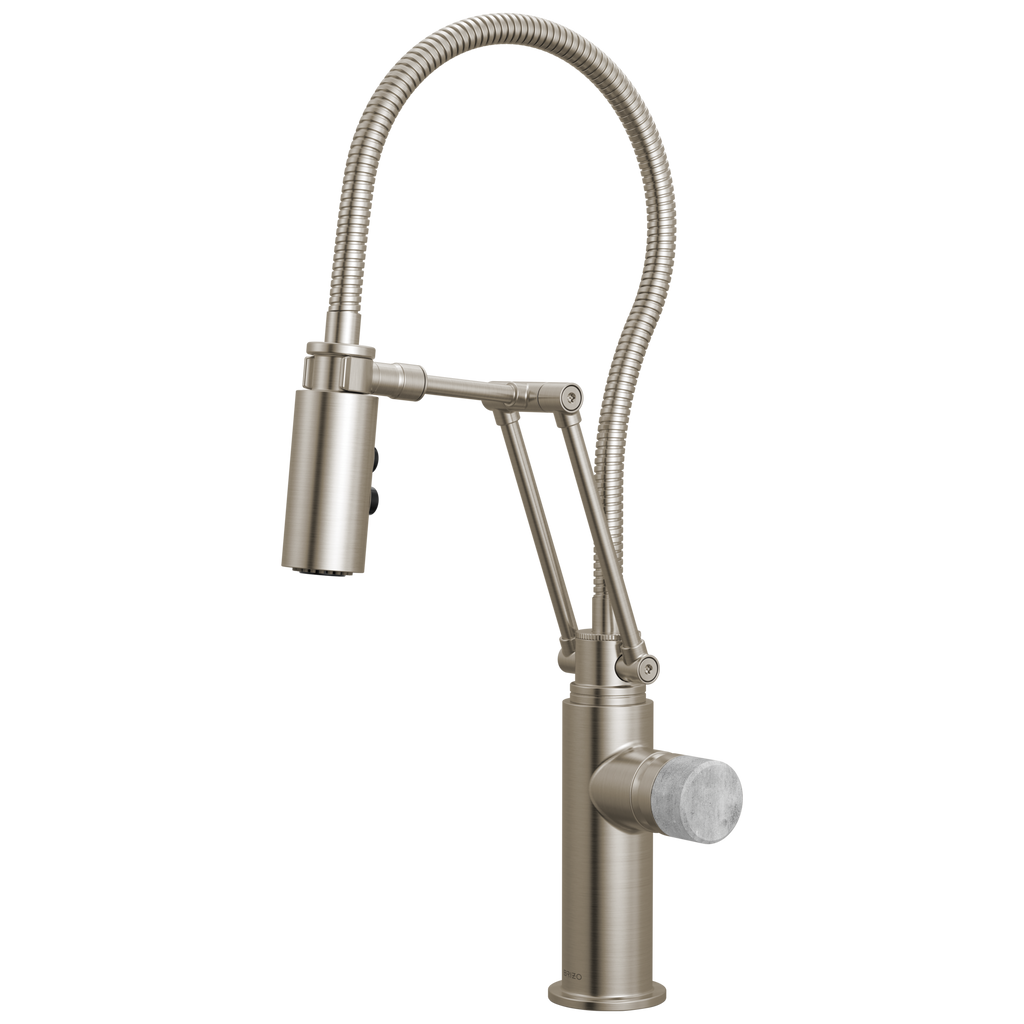 Brizo Odin Mezcladora Articulante con Manguera Integrada — Acero Inoxidable — Perilla de Concreto