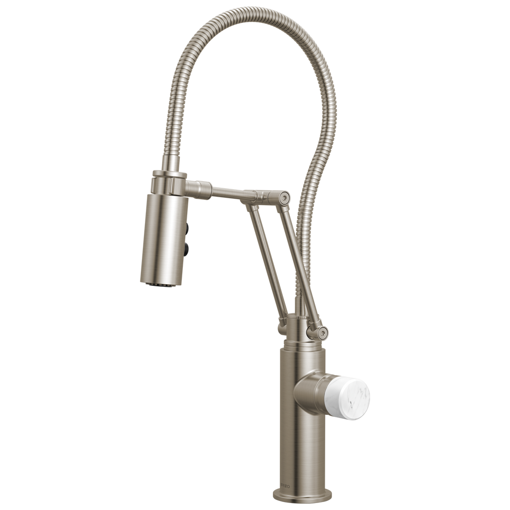 Brizo Odin Mezcladora Articulante con Manguera Integrada — Acero Inoxidable — Perilla de Mármol Blanco