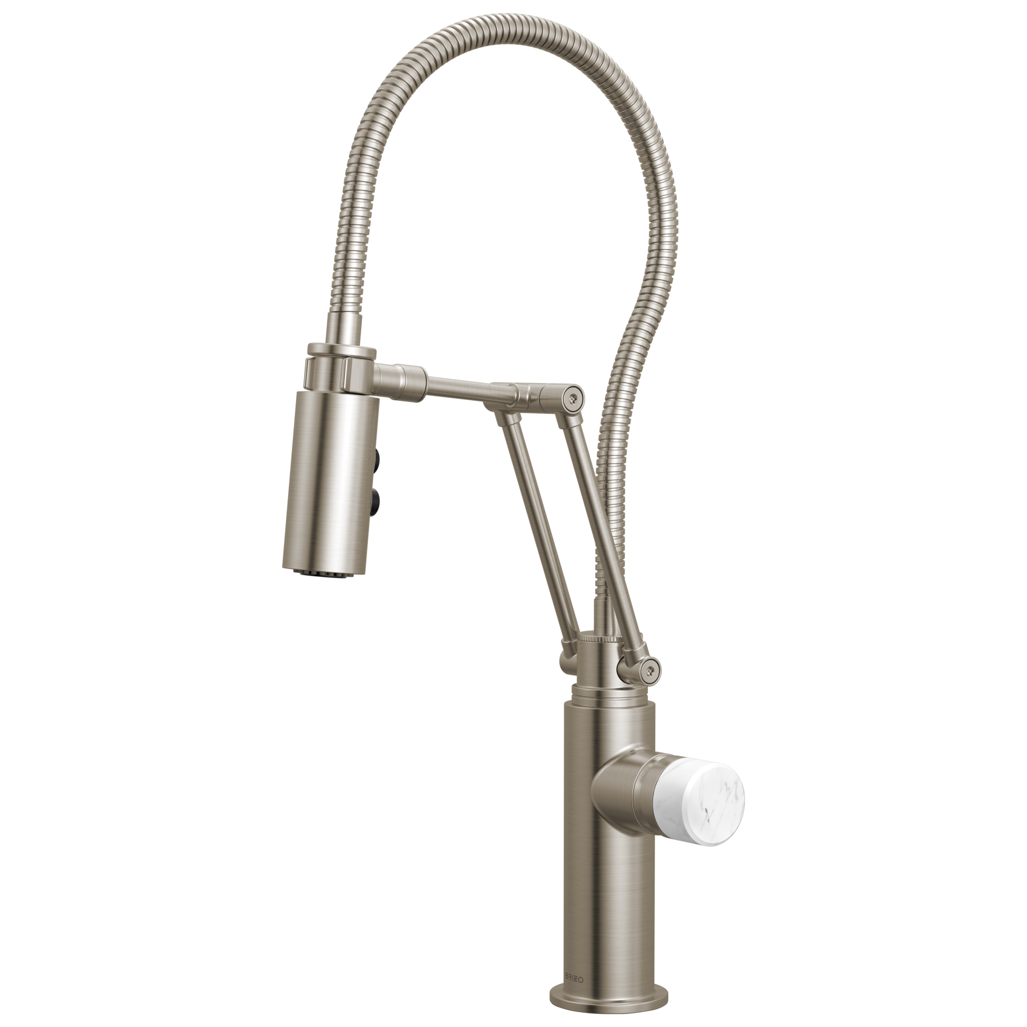 Brizo Odin Mezcladora Articulante con Manguera Integrada — Acero Inoxidable — Perilla de Mármol Blanco