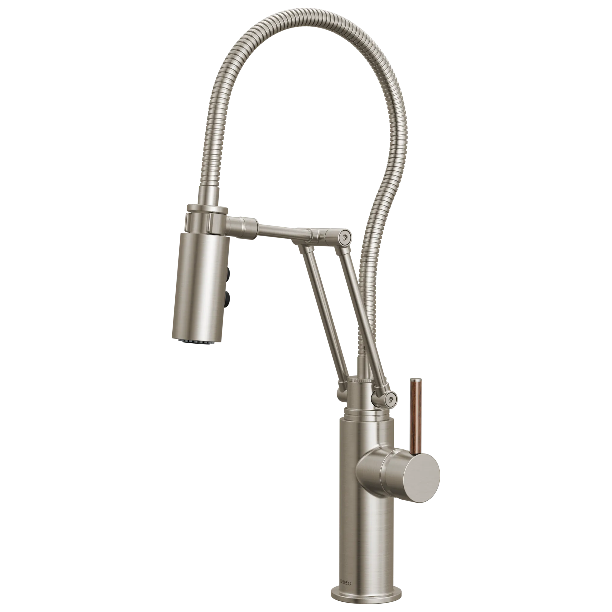 Brizo Odin Mezcladora Articulante con Manguera Integrada — Acero Inoxidable — Manija de Madera