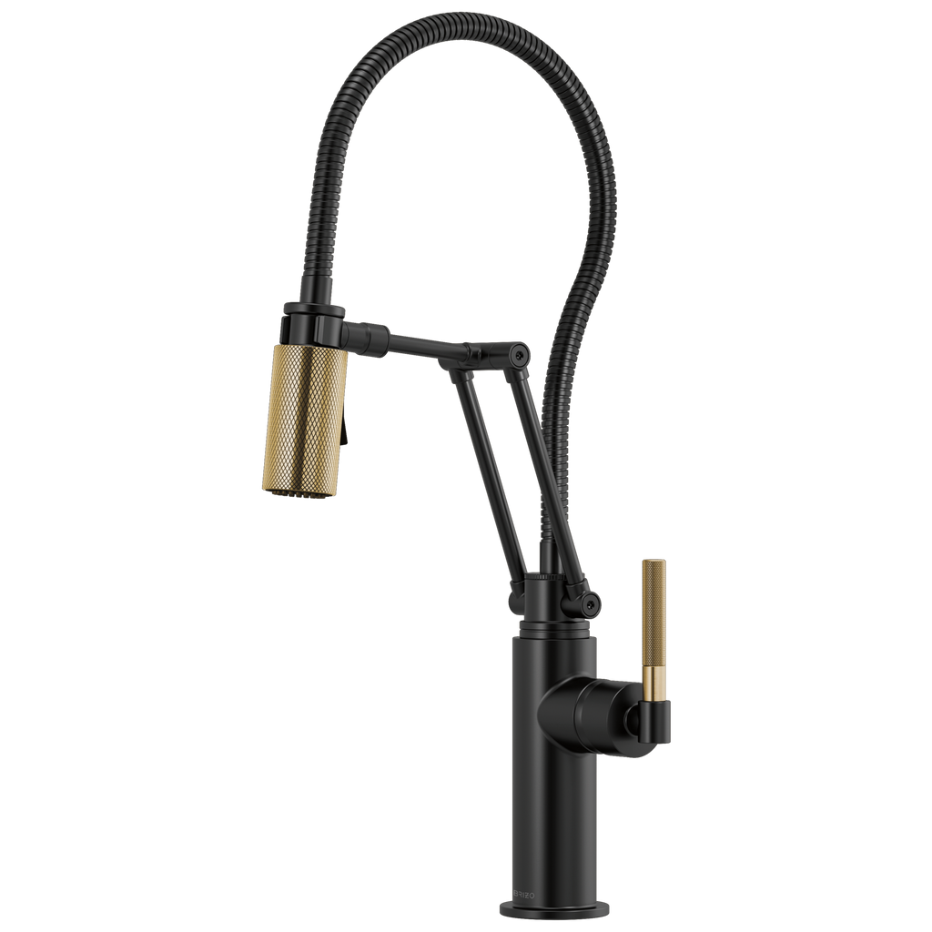 Brizo Litze Mezcladora Articulante con Manguera Integrada (63143LF) — Negro Mate/Oro Luxe