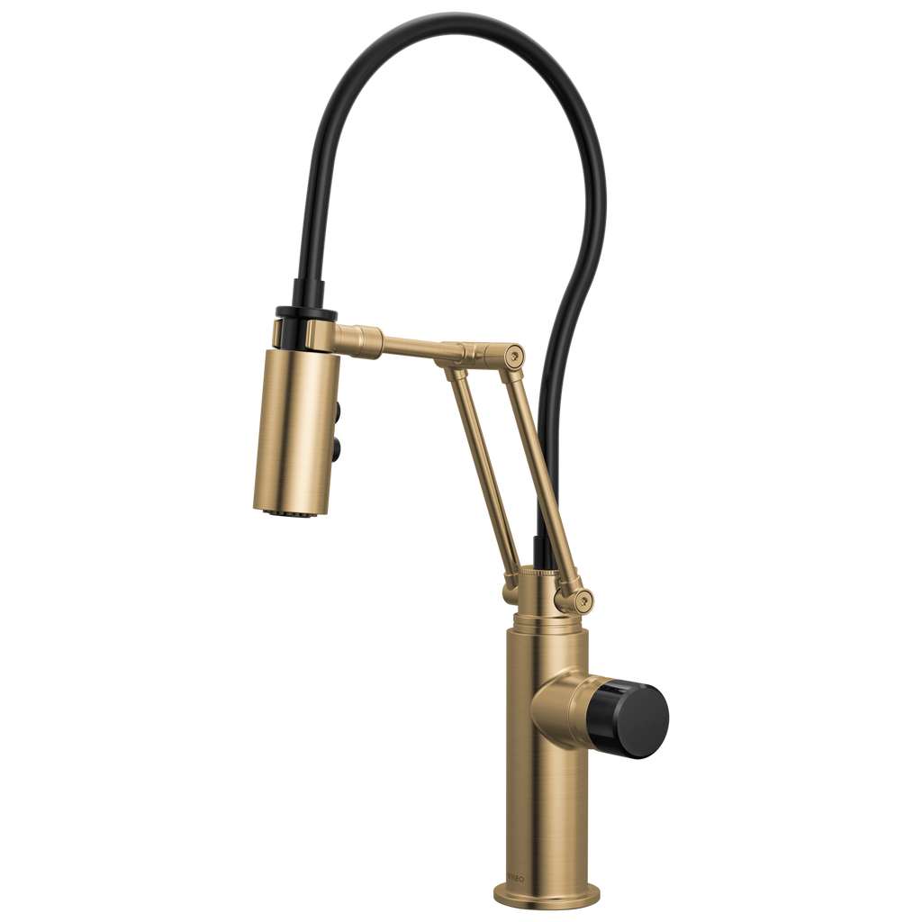 Brizo Odin Mezcladora Articulante — Oro Luxe — Perilla con Cristal Negro