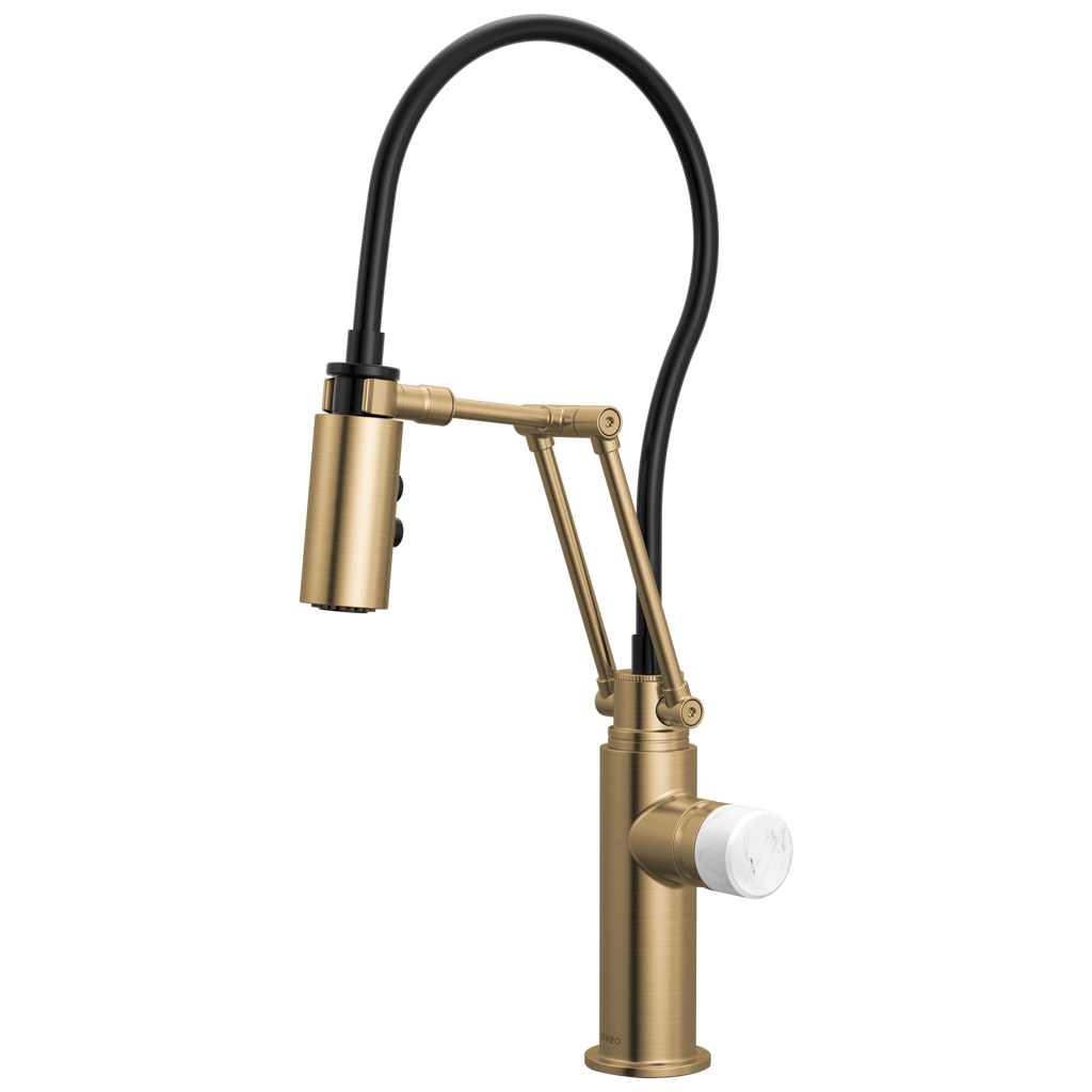 Brizo Odin Mezcladora Articulante — Oro Luxe — Perilla de Mármol Blanco