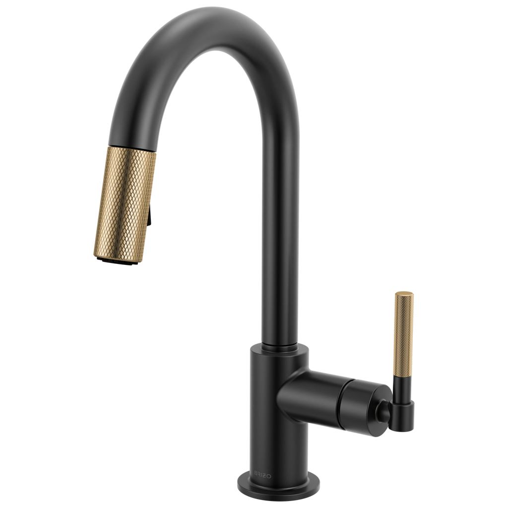 Brizo Litze Mezcladora Prep Extraíble — Surtidor en Arco, Manija Knurled — Negro Mate/Oro Luxe