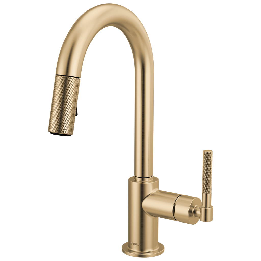 Brizo Litze Mezcladora Prep Extraíble — Surtidor en Arco, Manija Knurled — Oro Luxe