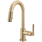 Brizo Litze Mezcladora Prep Extraíble — Surtidor en Arco, Manija Knurled — Oro Luxe