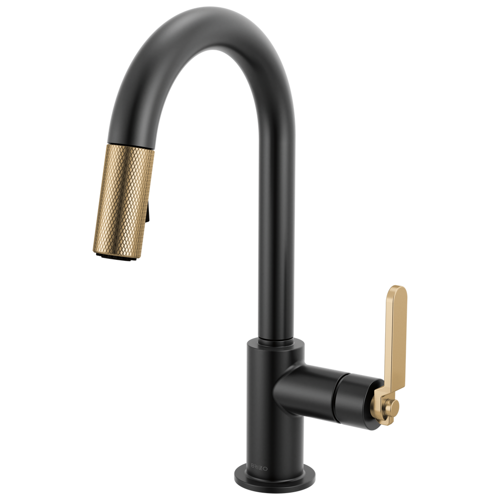 Brizo Litze Mezcladora Prep Extraíble — Surtidor en Arco, Manija Industrial — Negro Mate/Oro Luxe