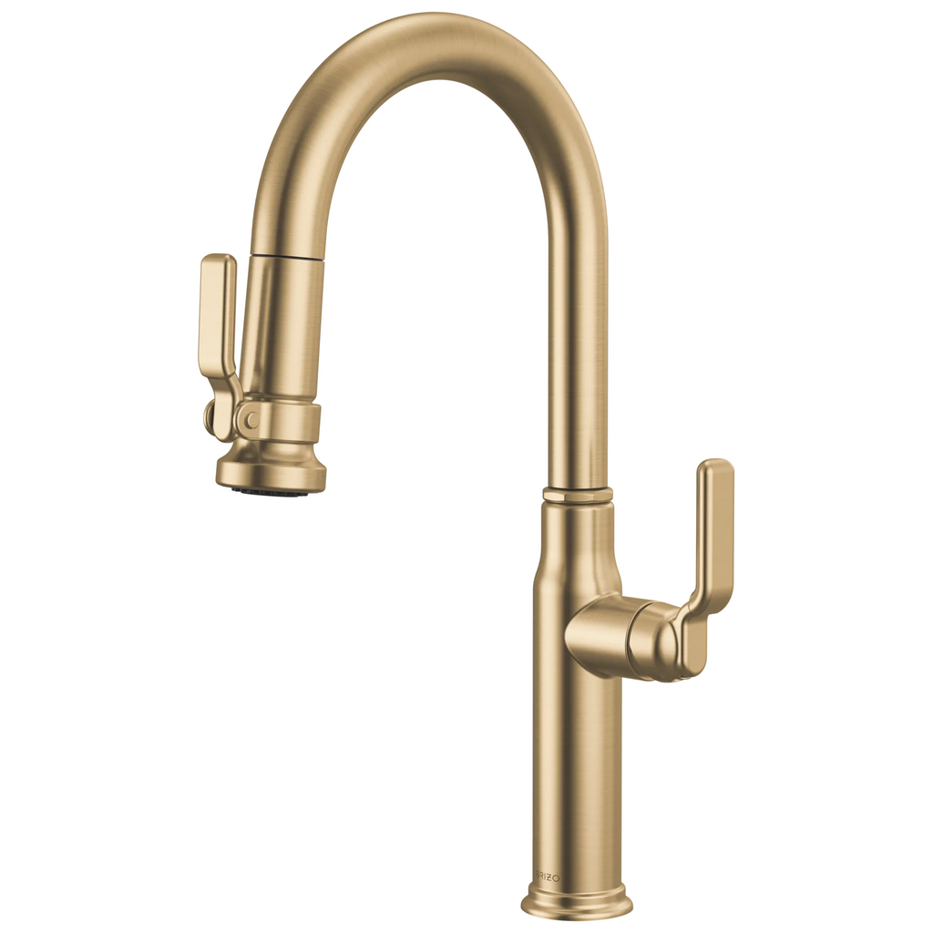 Brizo Faircroft Mezcladora Prep Extraíble — Surtidor en Arco — Oro Luxe — Manija Industrial