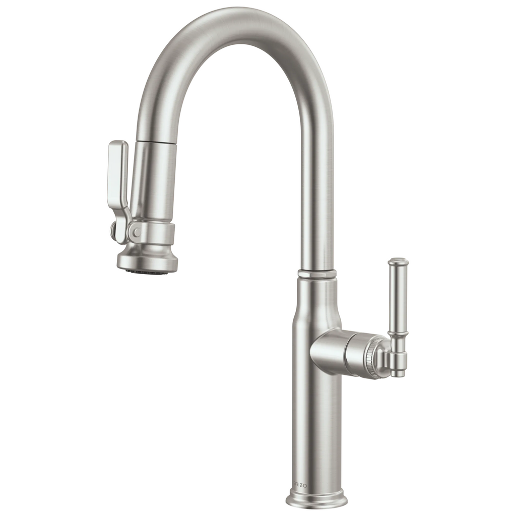Brizo Faircroft Mezcladora Prep Extraíble — Surtidor en Arco — Acero Inoxidable — Manija Coin Edge
