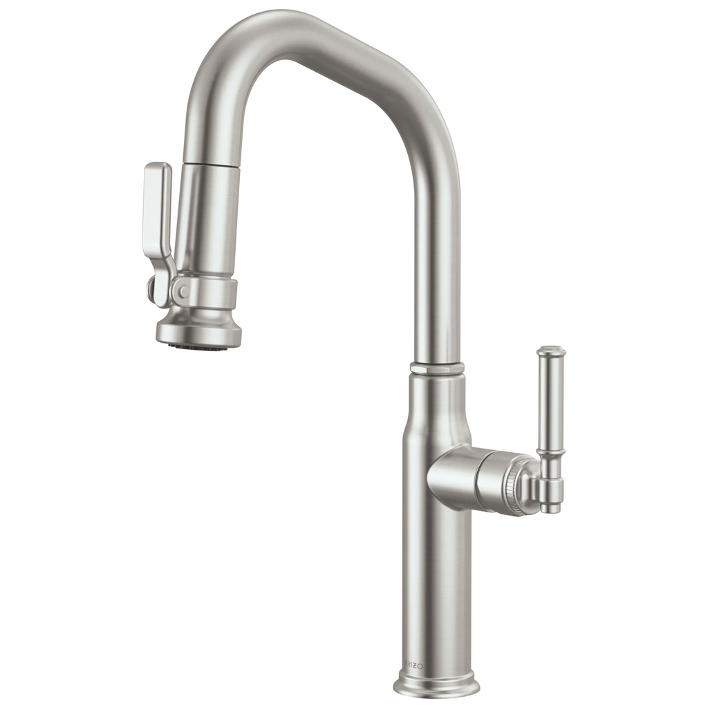 Brizo Faircroft Mezcladora Prep Extraíble — Surtidor en Ángulo — Acero Inoxidable — Manija Coin Edge