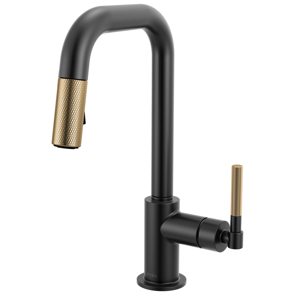 Brizo Litze Mezcladora Prep Extraíble — Surtidor Cuadrado, Manija Knurled — Negro Mate/Oro Luxe