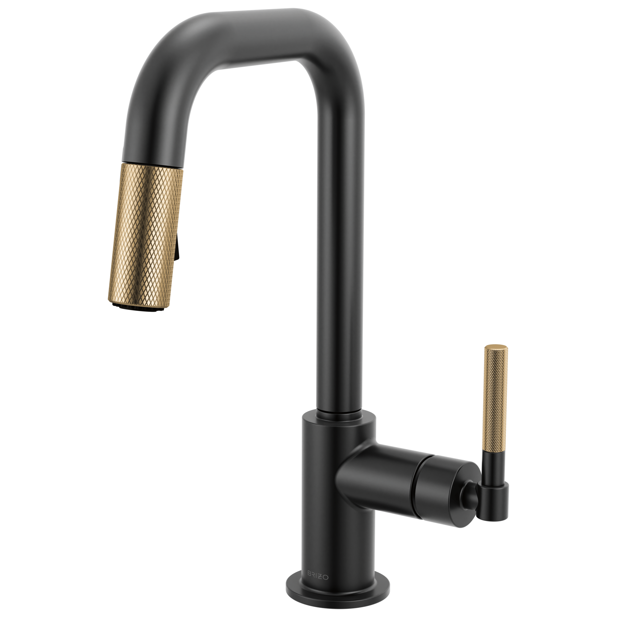 Brizo Litze Mezcladora Prep Extraíble — Surtidor Cuadrado, Manija Knurled — Negro Mate/Oro Luxe