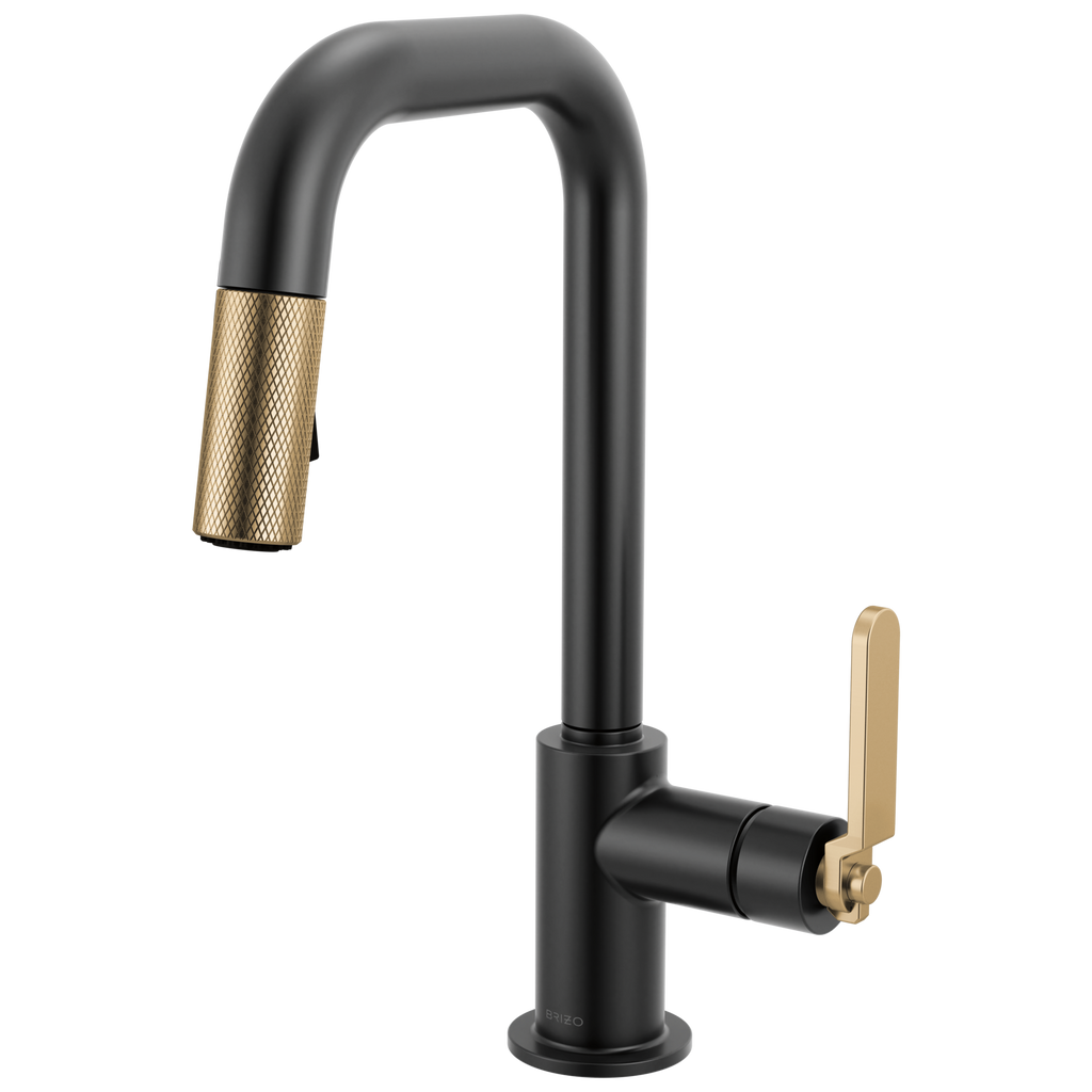 Brizo Litze Mezcladora Prep Extraíble — Surtidor Cuadrado, Manija Industrial — Negro Mate/Oro Luxe