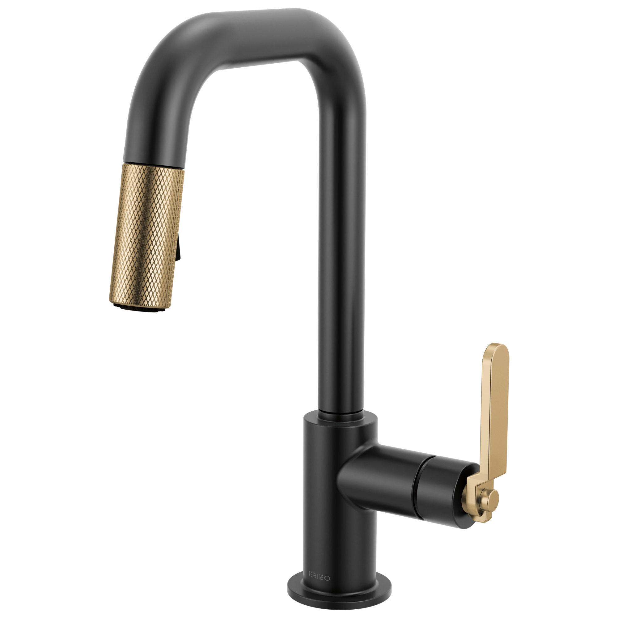 Brizo Litze Mezcladora Prep Extraíble — Surtidor Cuadrado, Manija Industrial — Negro Mate/Oro Luxe