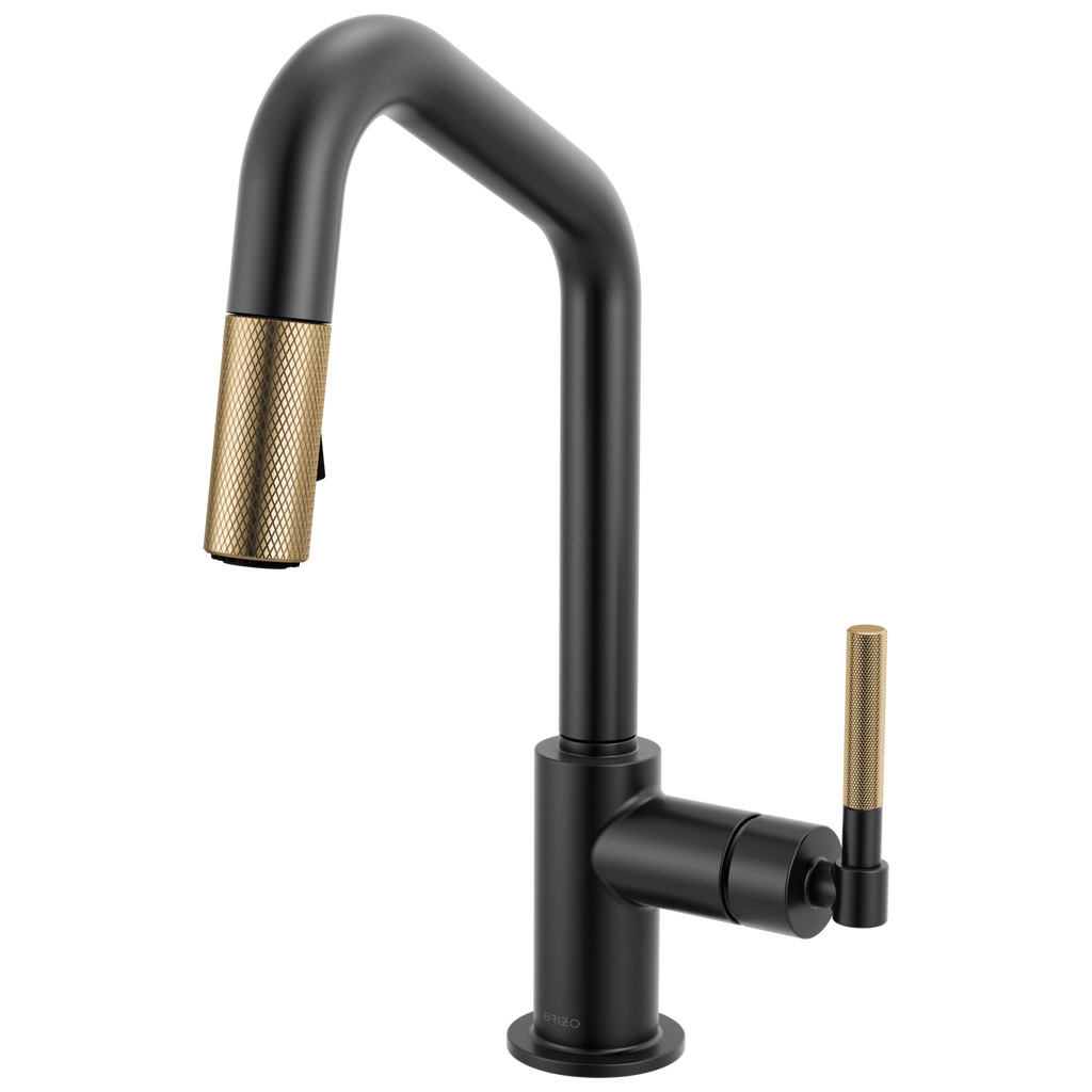 Brizo Litze Mezcladora Prep Extraíble — Surtidor en Ángulo, Manija Knurled — Negro Mate/Oro Luxe