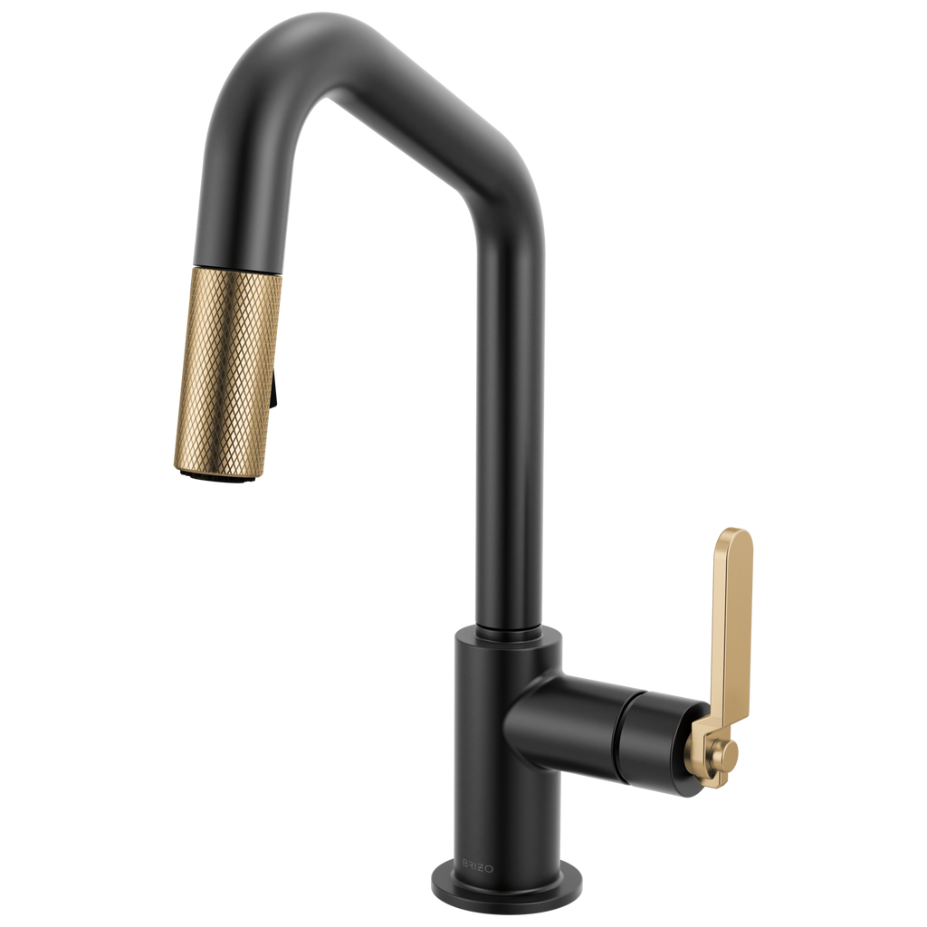 Brizo Litze Mezcladora Prep Extraíble — Surtidor en Ángulo, Manija Industrial — Negro Mate/Oro Luxe