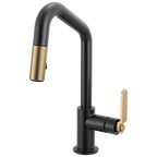 Brizo Litze Mezcladora Prep Extraíble — Surtidor en Ángulo, Manija Industrial — Negro Mate/Oro Luxe