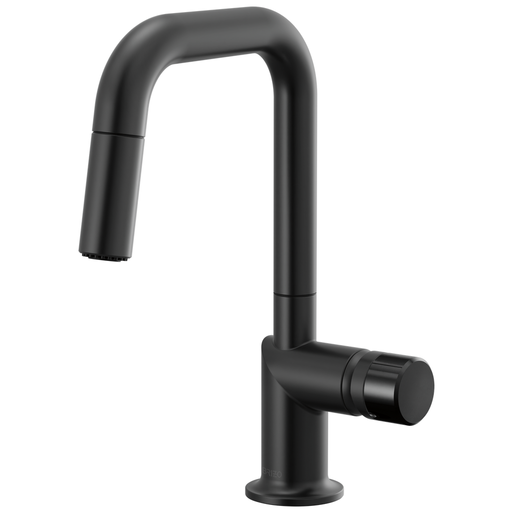 Brizo Odin Mezcladora Prep Extraíble — Surtidor Cuadrado — Negro Mate — Perilla con Cristal Negro