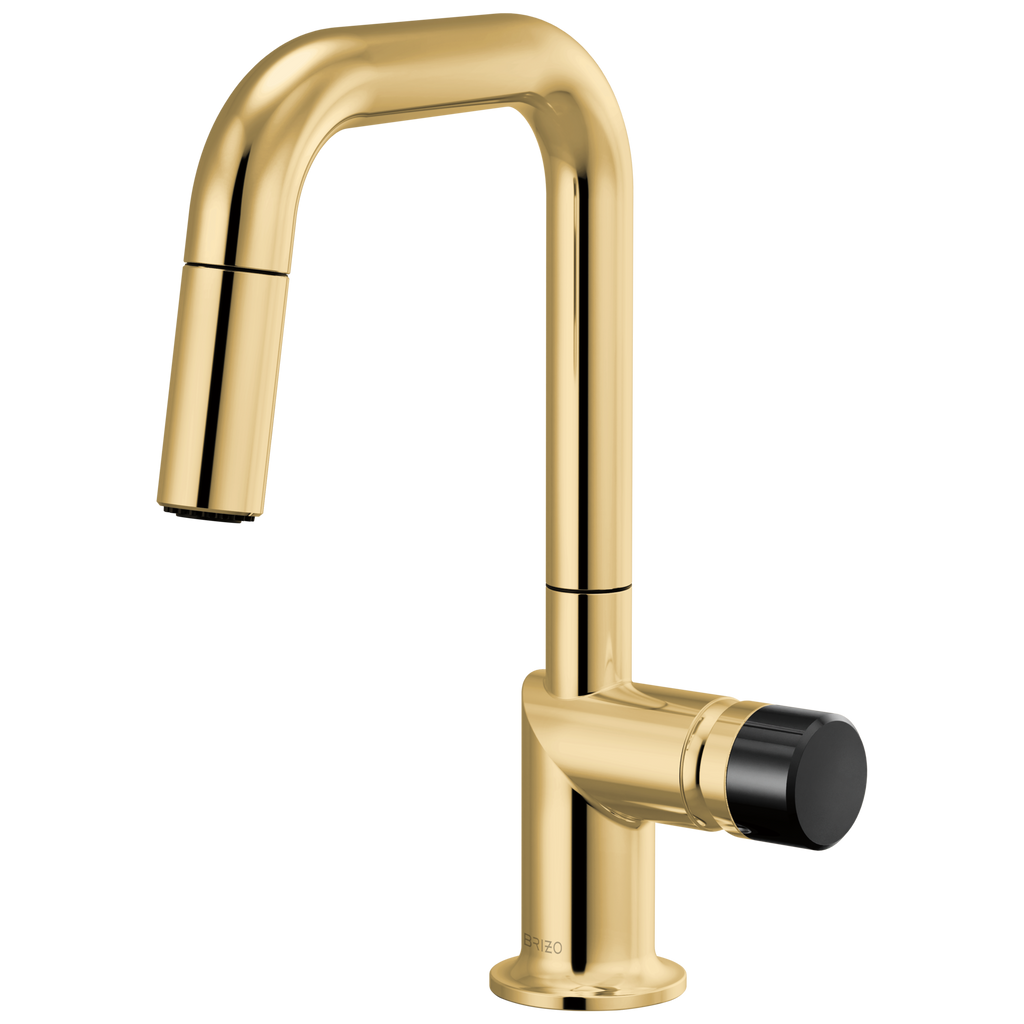 Brizo Odin Mezcladora Prep Extraíble — Surtidor Cuadrado — Oro Pulido — Perilla con Cristal Negro