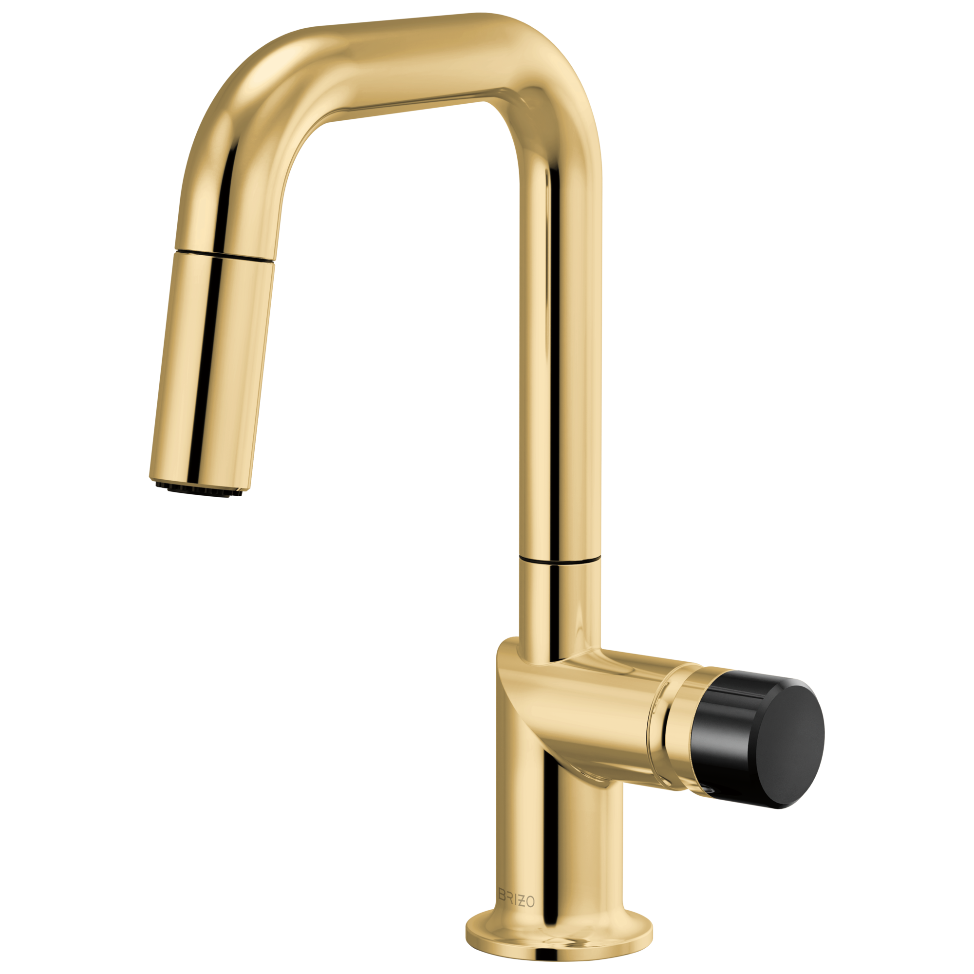 Brizo Odin Mezcladora Prep Extraíble — Surtidor Cuadrado — Oro Pulido — Perilla con Cristal Negro