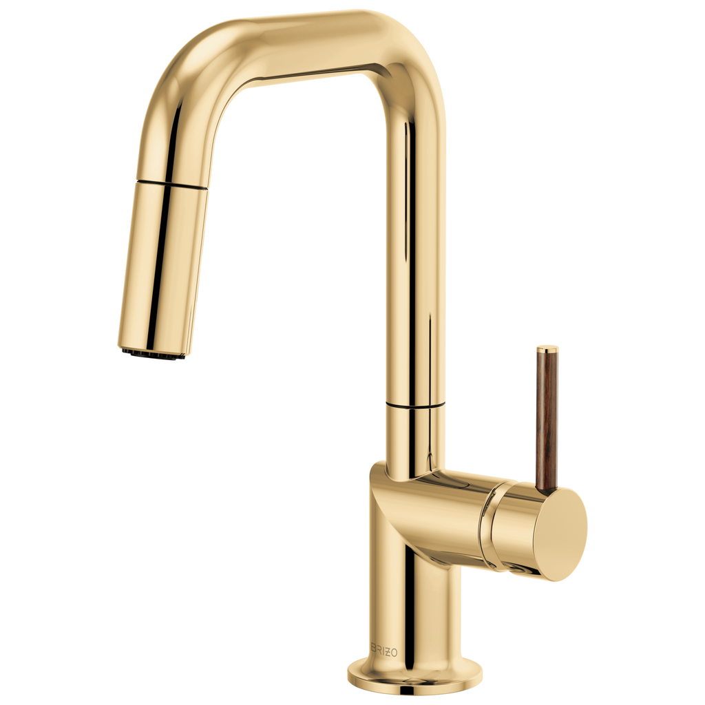 Brizo Odin Mezcladora Prep Extraíble — Surtidor Cuadrado — Oro Pulido — Manija de Madera