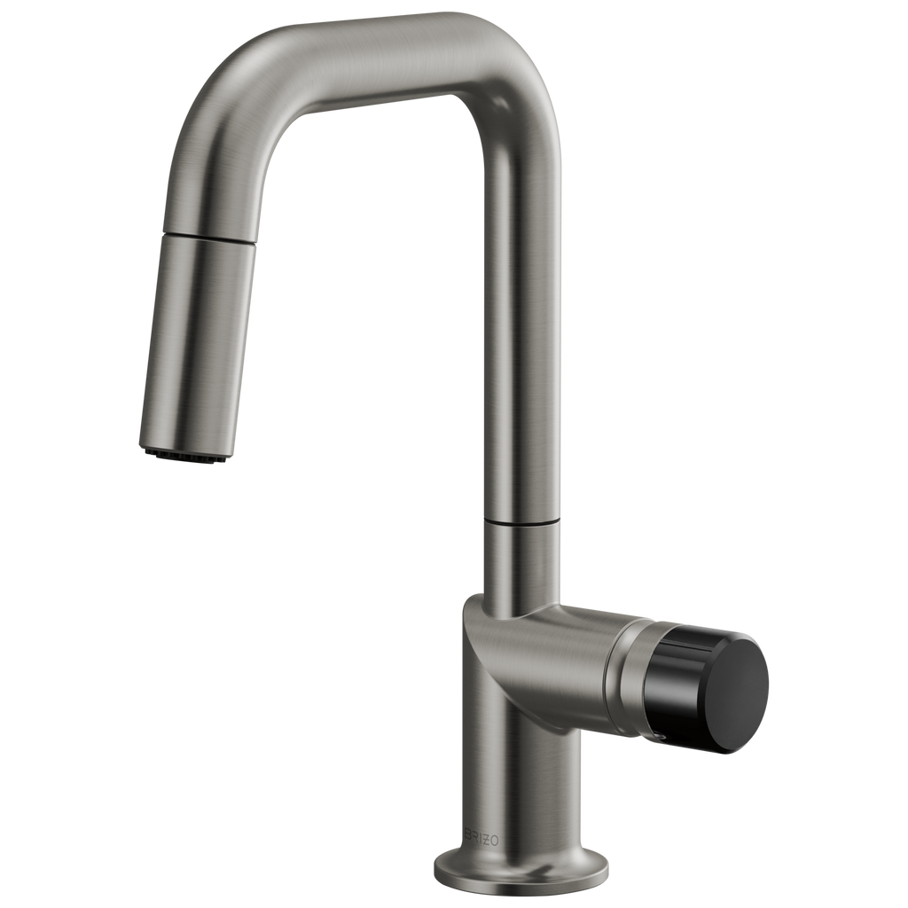 Brizo Odin Mezcladora Prep Extraíble — Surtidor Cuadrado — Acero Luxe — Perilla con Cristal Negro