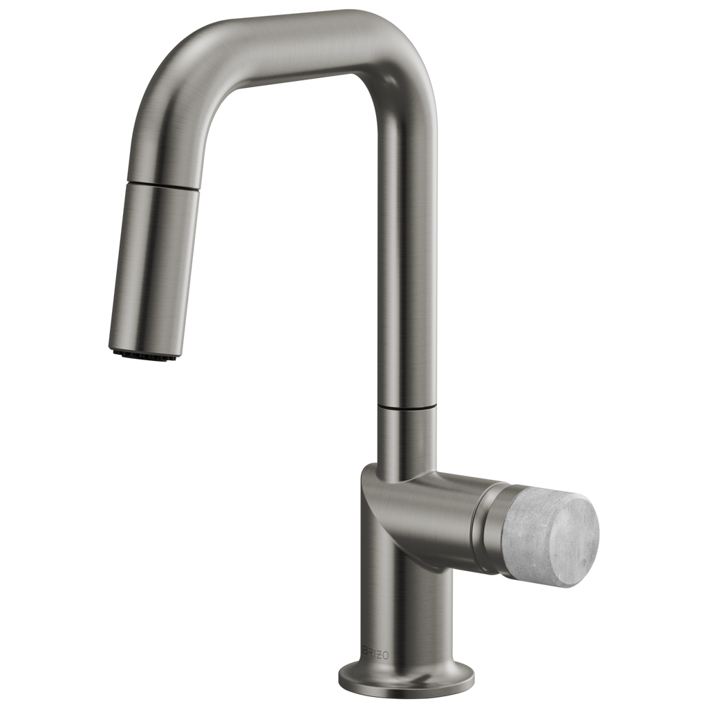 Brizo Odin Mezcladora Prep Extraíble — Surtidor Cuadrado — Acero Luxe — Perilla de Concreto