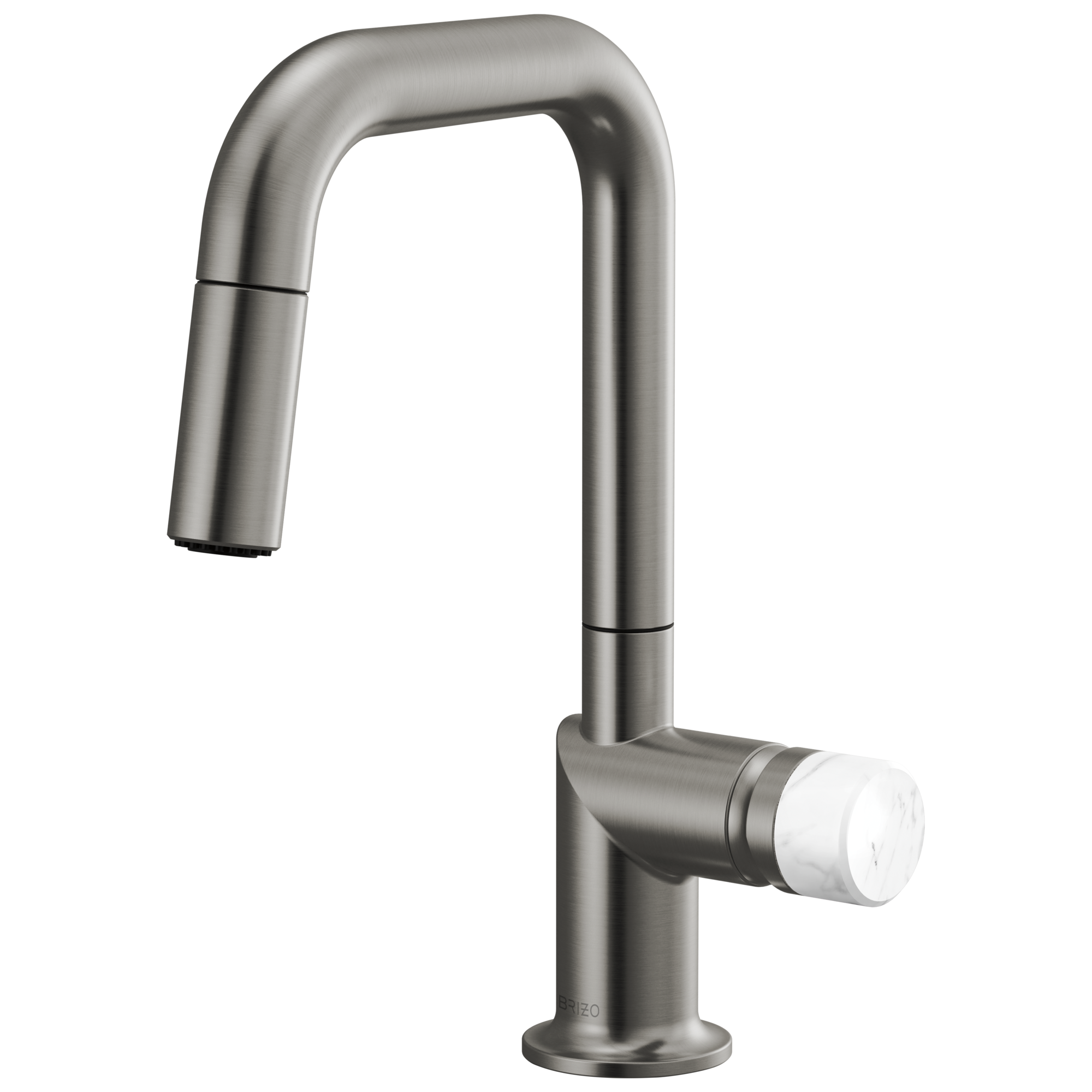 Brizo Odin Mezcladora Prep Extraíble — Surtidor Cuadrado — Acero Luxe — Perilla de Mármol Blanco
