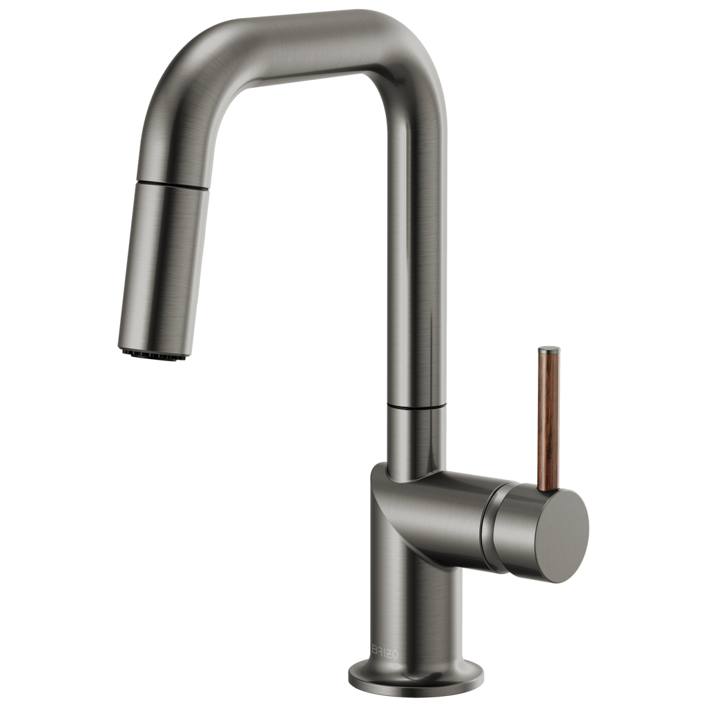 Brizo Odin Mezcladora Prep Extraíble — Surtidor Cuadrado — Acero Luxe — Manija de Madera