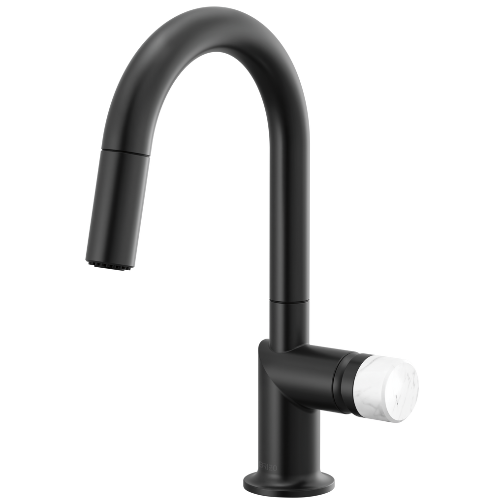Brizo Odin Mezcladora Prep Extraíble — Surtidor en Arco — Negro Mate — Perilla de Mármol Blanco